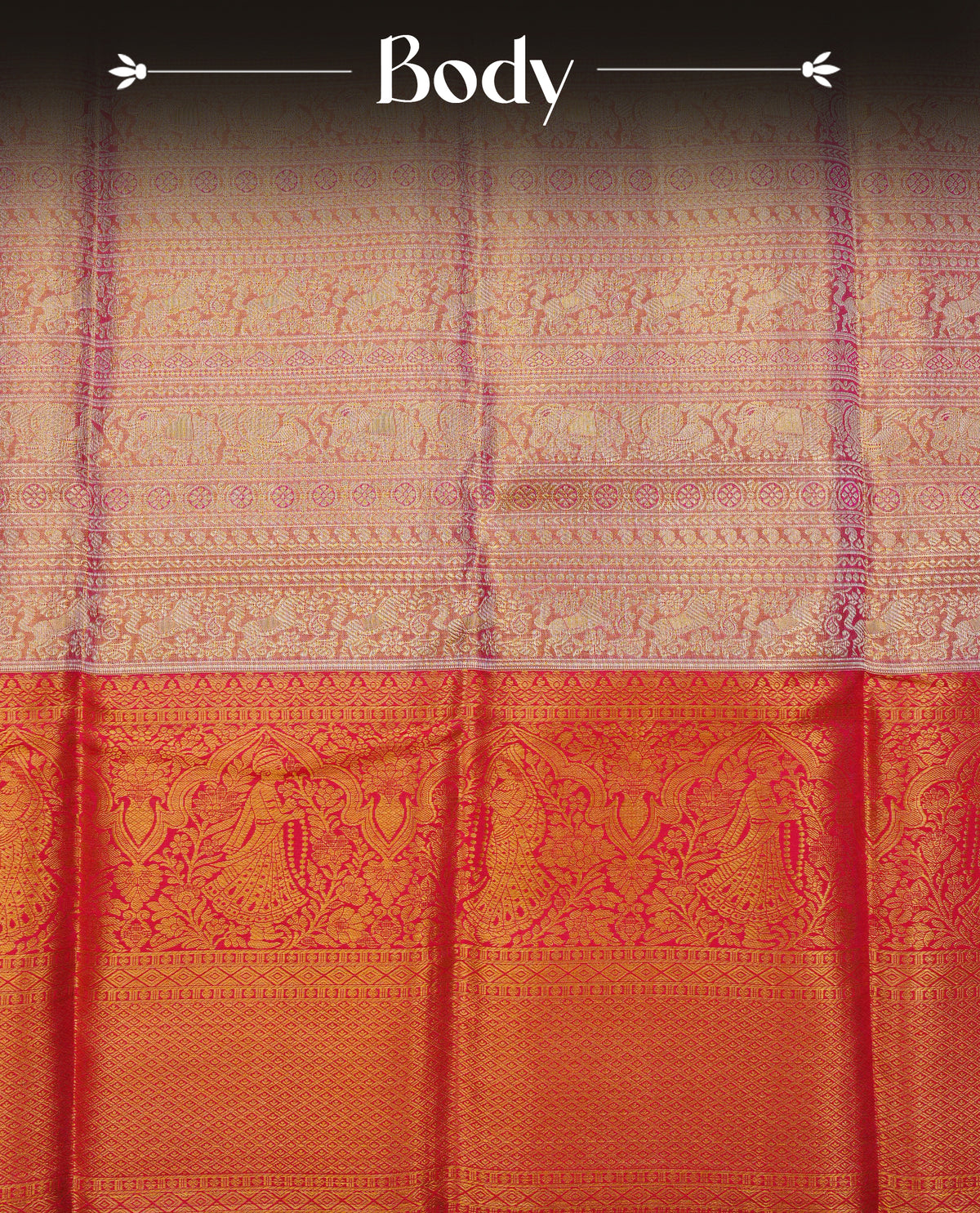 Gold & light pink double shade colour pure tissue silk saree featuring gold designed stripes on body, complemented by contrast red colour with traditional border, comes with matching blouse piece.