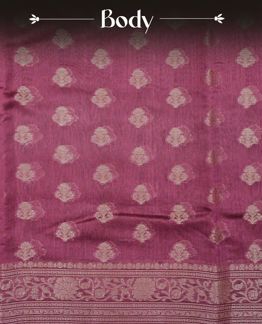 Light Maroon colour Tussar Silk saree featuring antique zari butta motifs on the body, enhanced with a self-coloured floral Kodi Gold zari border and  pallu, paired with a matching blouse piece.