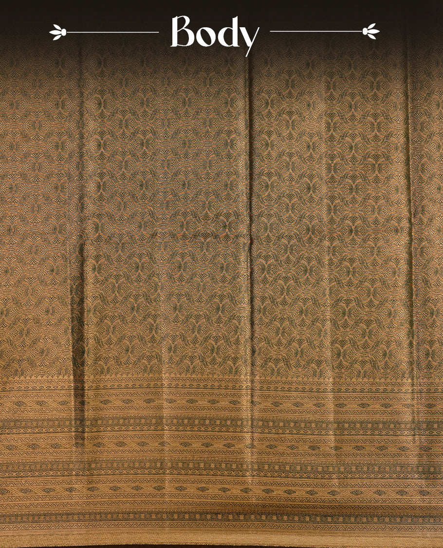 Green & Gold double shade colour semi tissue silk saree featuring gold zari pattern on body, selfcolour with gold zari traditional border, paired with matching blouse piece.