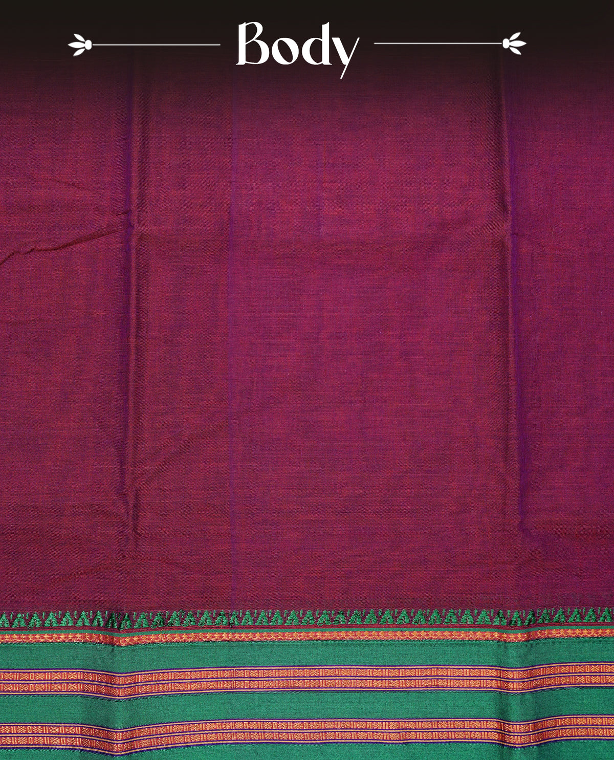 Purple & Magenta dual shade Narayanapattu cotton saree with a plain body, complemented by a green Colour with border with elegant gold zari  & green colour temple designed detailing and a contrast striped pallu, paired with a matching blouse piece.