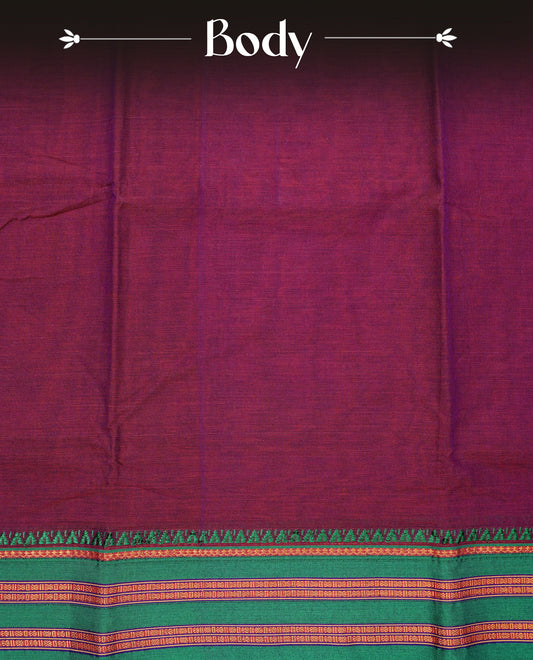 Purple & Magenta dual shade Narayanapattu cotton saree with a plain body, complemented by a green Colour with border with elegant gold zari  & green colour temple designed detailing and a contrast striped pallu, paired with a matching blouse piece.