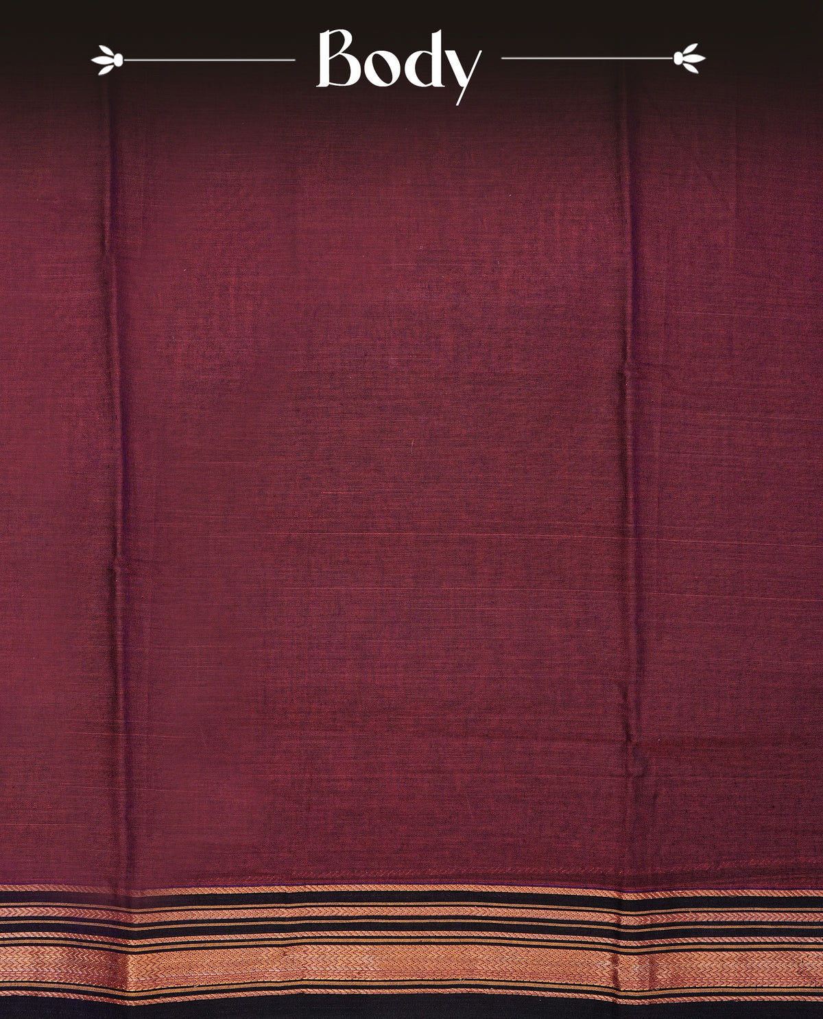 Wine colour Narayanapattu cotton saree with a plain body, complemented by a dark chocolate brown border with elegant gold zari detailing and a contrast striped pallu, paired with a matching blouse piece.