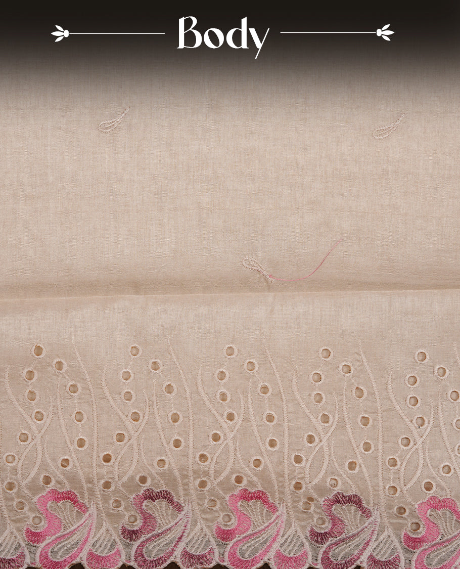Beige colour Tussar silk saree featuring Elegant plain body, highlighting Light pink colour thread worked scalp border, pallu and paired with matching blouse piece.