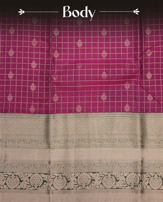 Magenta Colour Traditional Kancheepuram Silk Saree with Gold Zari Checks and Floral Buttas on the Body, Enhanced with a Contrast Green Colour  with Grand Gold Zari Border and Rich Pallu, Paired with a Matching Blouse Piece.