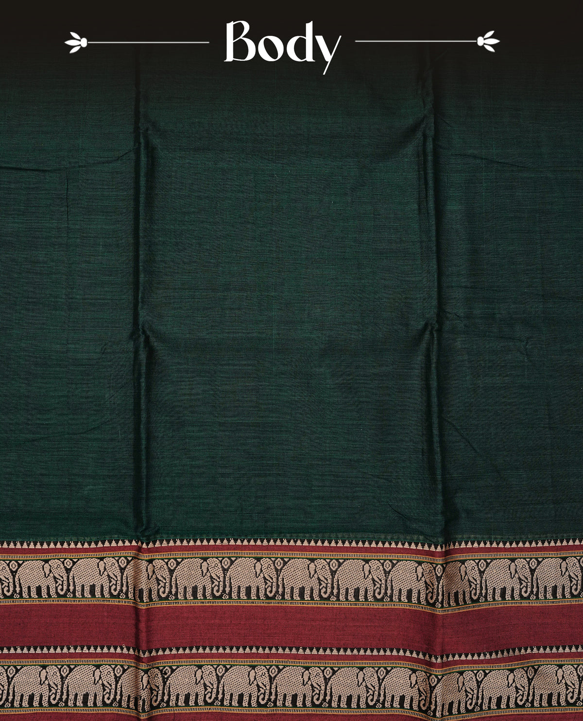 Bottle Green colour Narayanapattu cotton saree with a plain body, complemented by a Maroon Colour with beige colour Elephant designed border & contrast pallu, paired with a matching blouse piece.