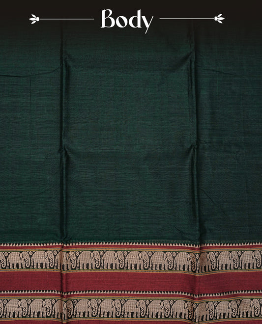 Bottle Green colour Narayanapattu cotton saree with a plain body, complemented by a Maroon Colour with beige colour Elephant designed border & contrast pallu, paired with a matching blouse piece.
