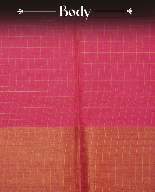 Pink Sungudi cotton saree featuring elegant gold zari checks across the body, complemented by a contrast gold zari border. Comes with a matching blouse piece.
