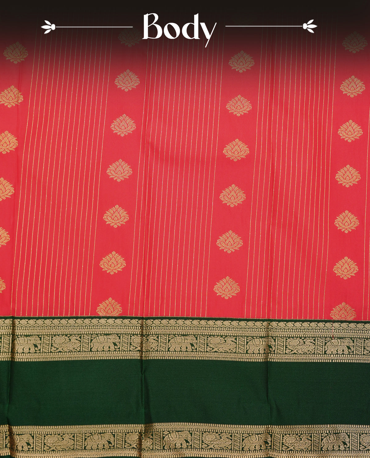 Red colour soft silk saree featuring gold zari stripes with floral motifs on body, contrast dark green colour gold zari elephant & peacock traditional border, grand pallu comes with matching blouse piece.