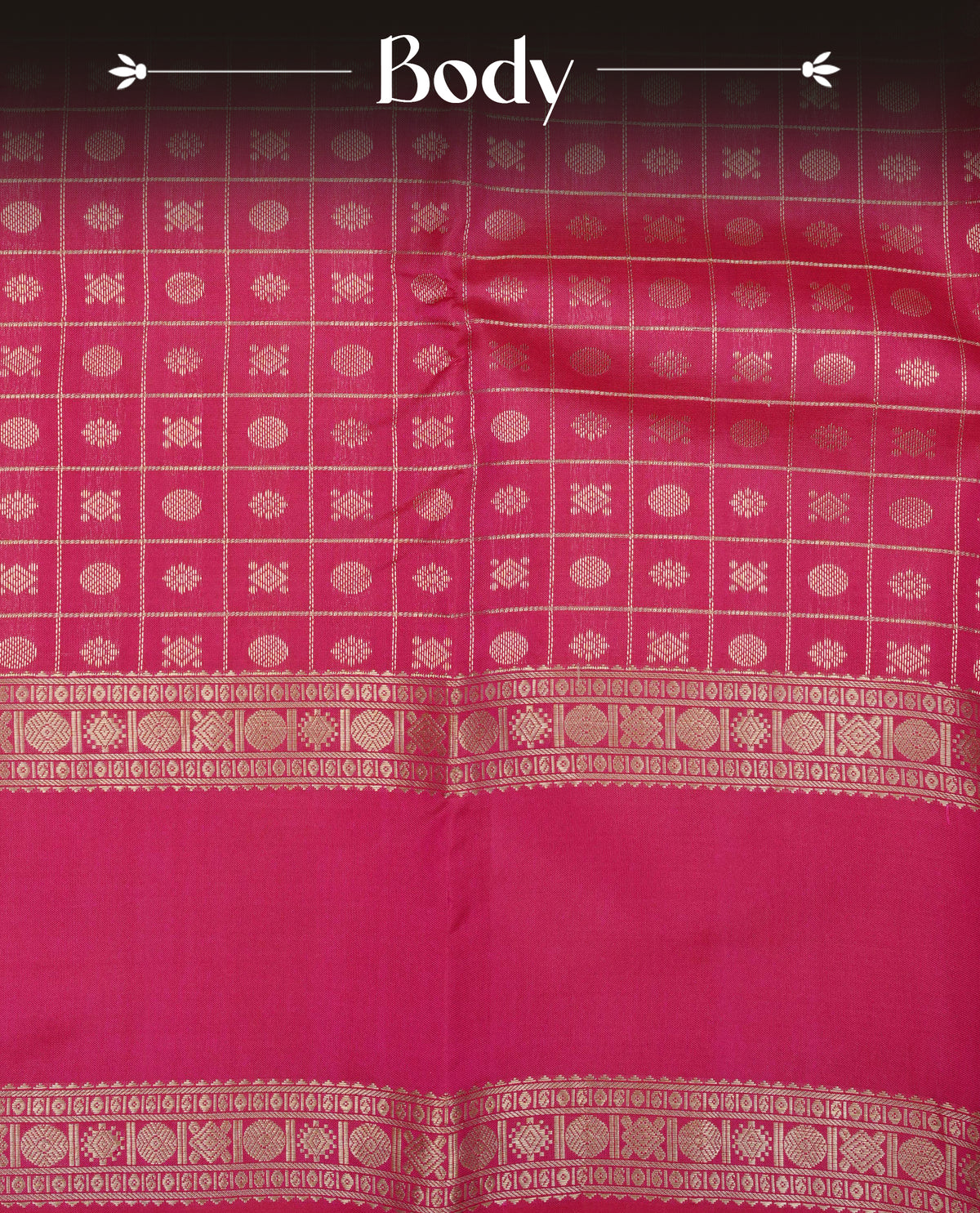 Magenta colour Traditional Kancheepuram silk saree featuring Gold zari Motifs on checks on body, complemented by self colour with traditional border, comes with matching blouse piece.