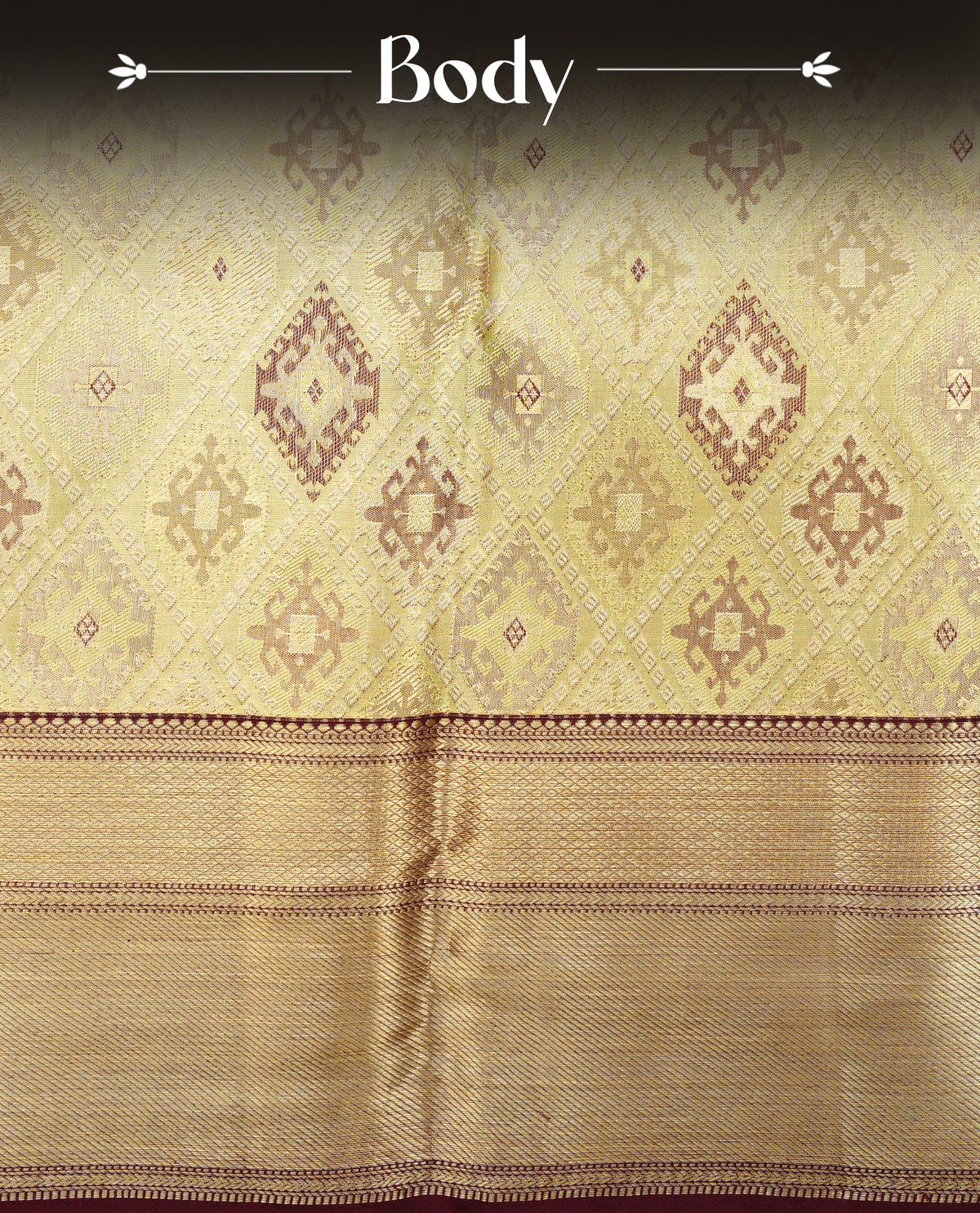 Yellowish gold colour pure tissue silk saree featuring an elegant chocolate toned geometric pattern across the body, complemented by a dark chocolate traditional border. Comes with a matching blouse piece.