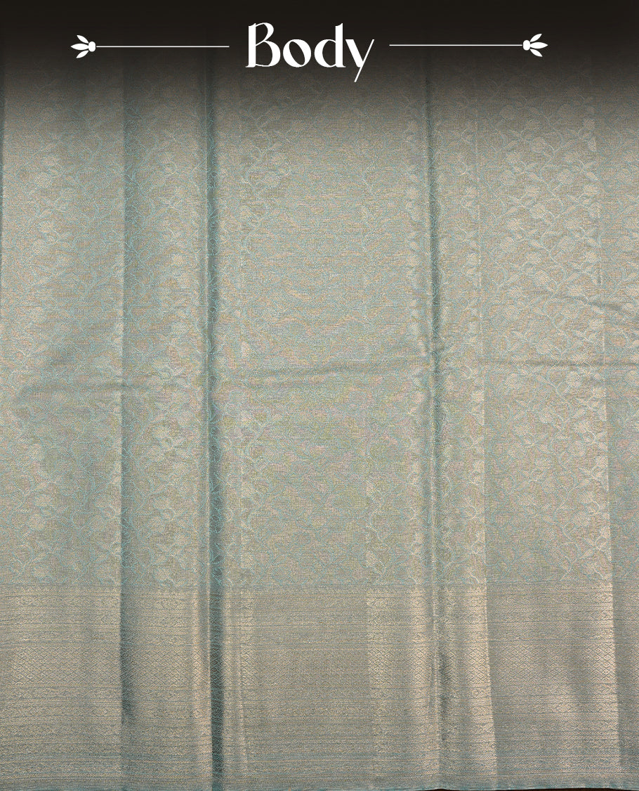 Blue & silver colour semi tissue silk saree featuring silver zari pattern on body, Self colour with silver zari traditional border, paired with matching blouse piece.
