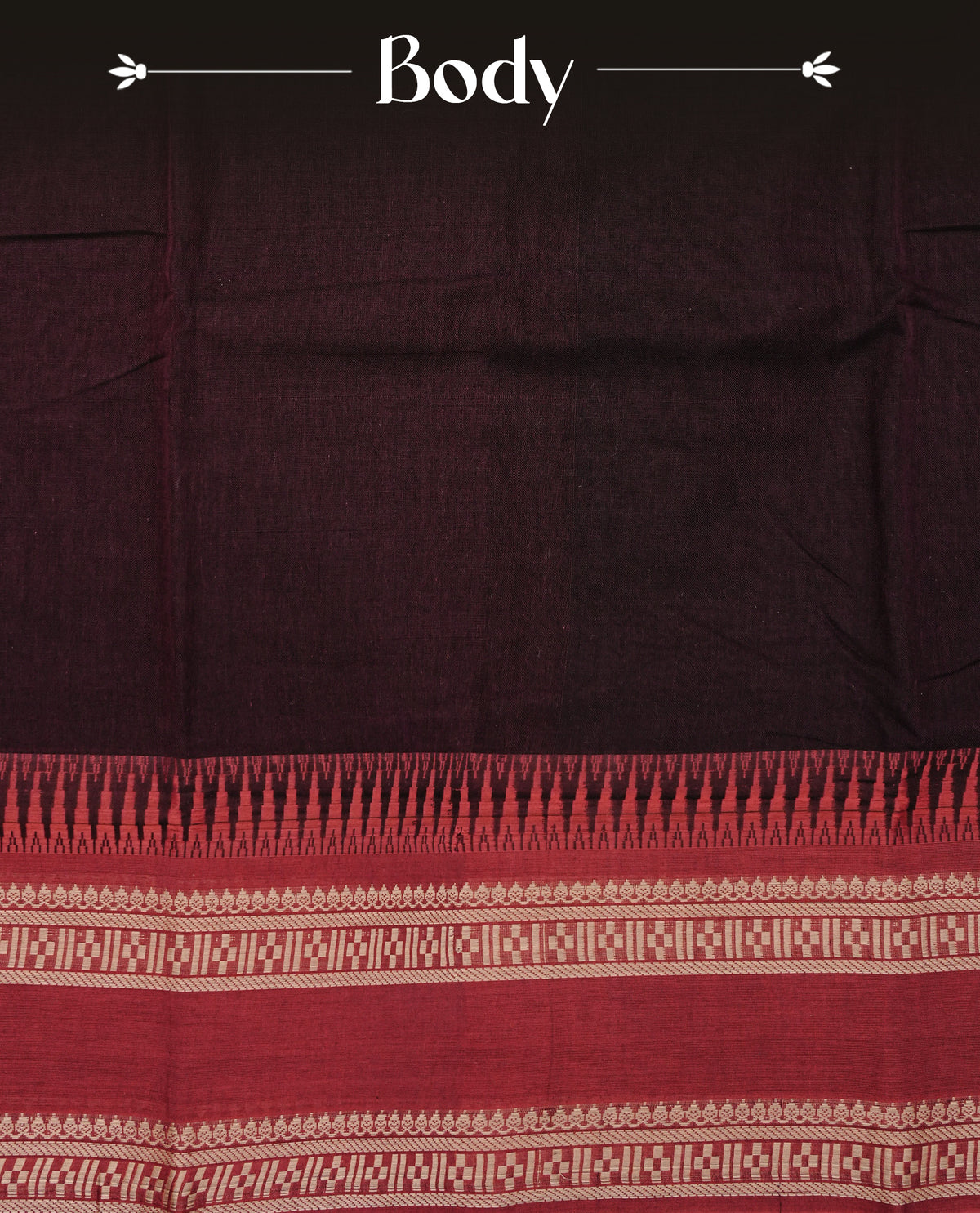 Dark Chocolate Brown colour Narayanapattu cotton saree with a plain body, complemented by a red colour with Beige colour designed border & contrast pallu, paired with a matching blouse piece.