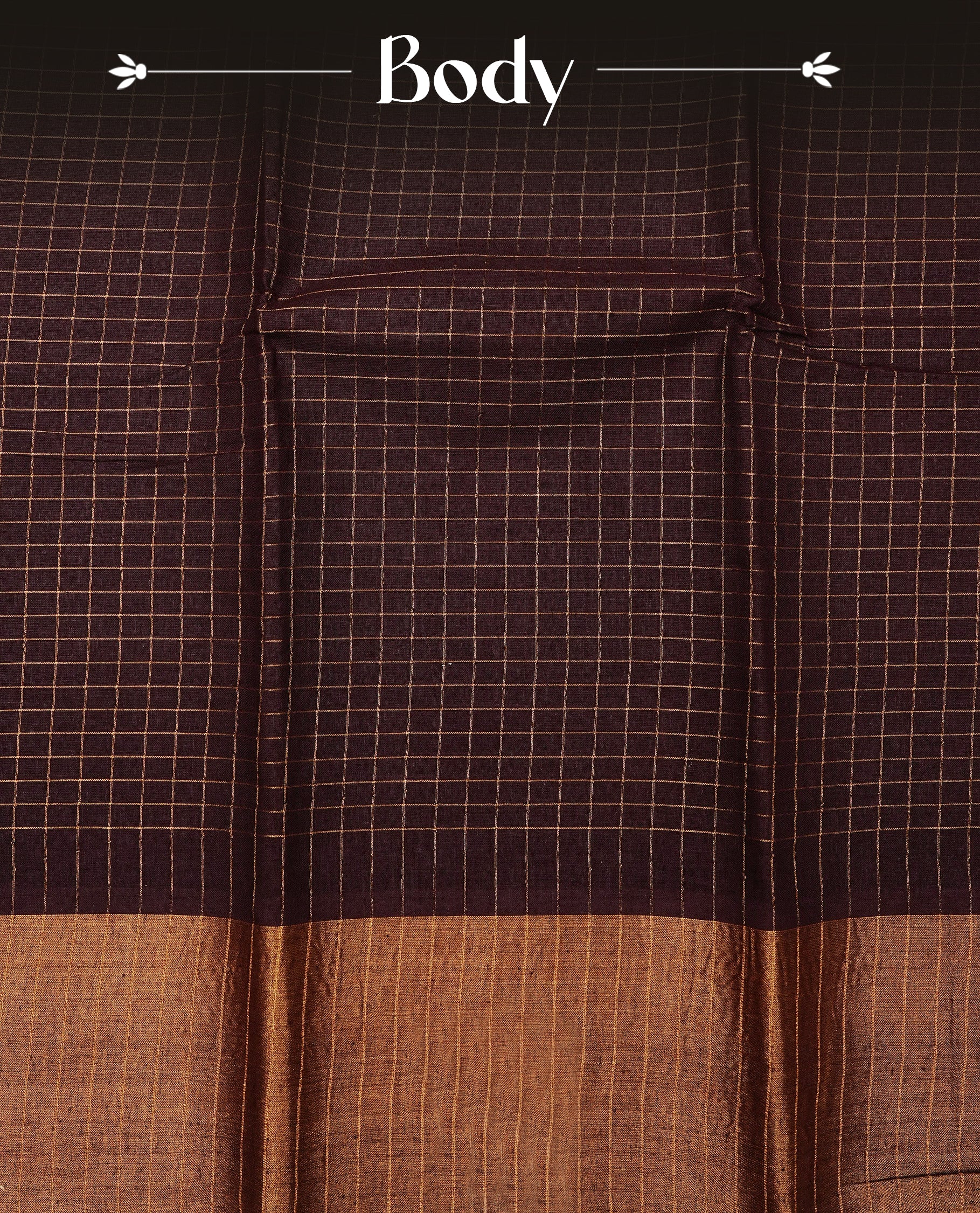 Dark Brown colour Sungudi cotton saree featuring elegant gold zari checks across the body, complemented by a contrast gold zari border. Comes with a matching blouse piece.
