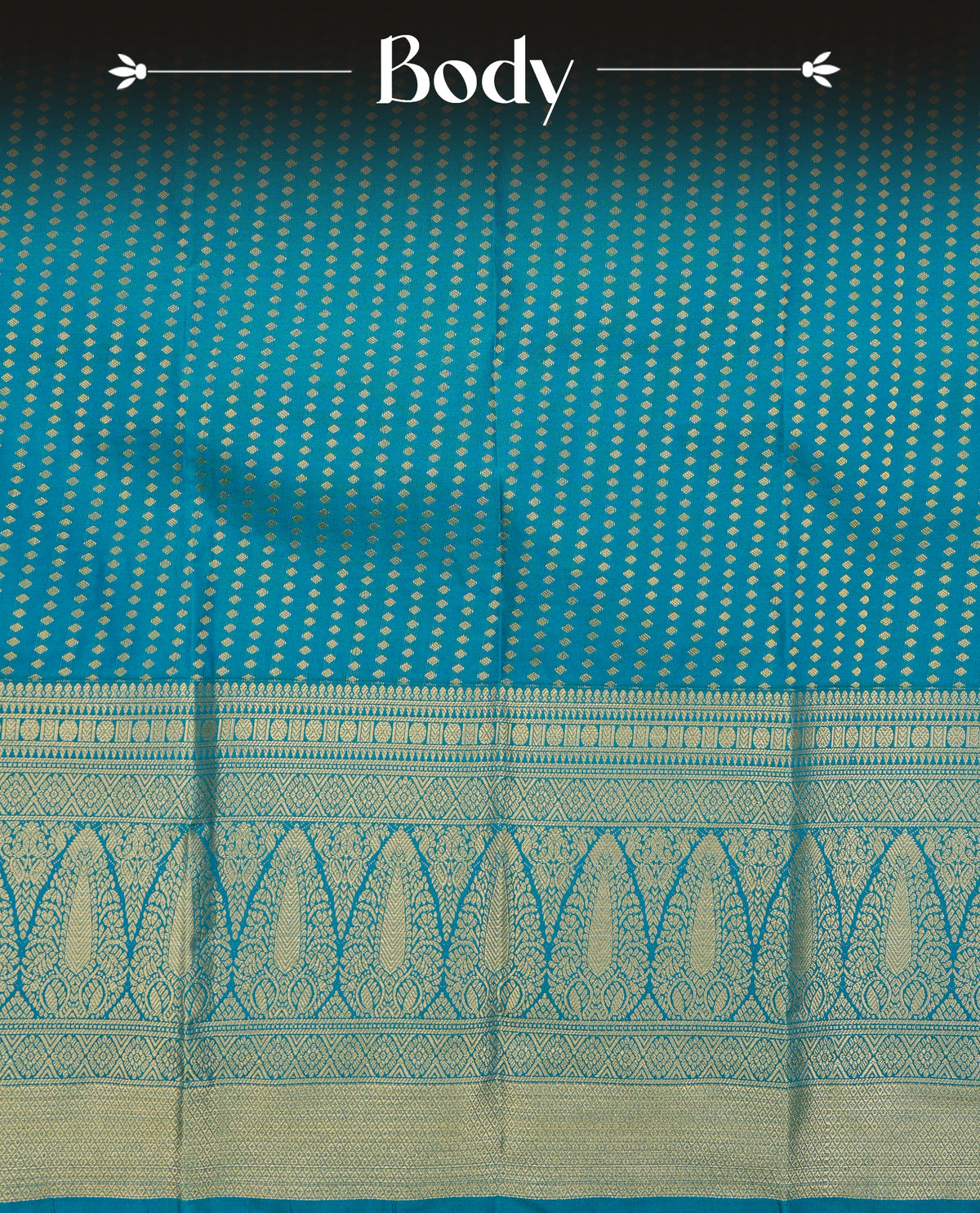 Teal blue colour soft silk saree featuring gold zari buttas on body, contrast self colour gold zari traditonal border, grand pallu comes with matching blouse piece.