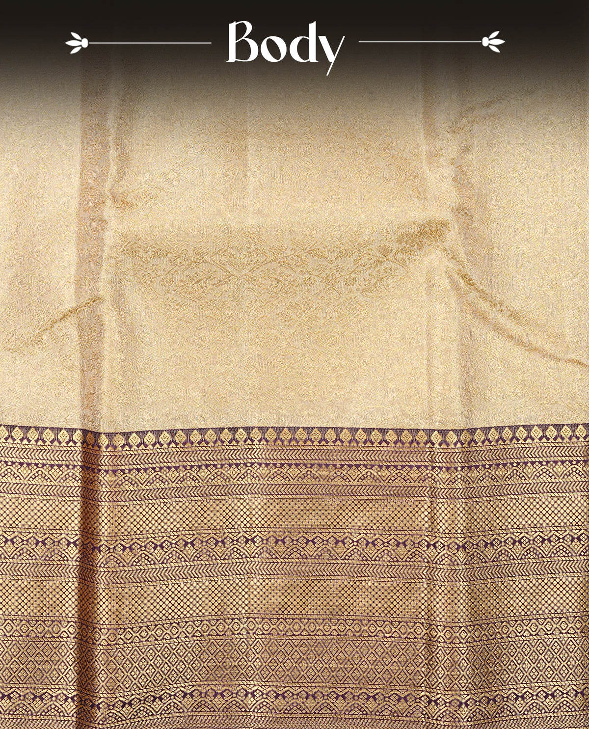 Beige colour Semi Tissue Silk Saree featuring gold zari Works on the body, complemented by an intricately woven gold zari pallu, a rich Purple border with gold zari work and paired with a matching plain blouse piece.