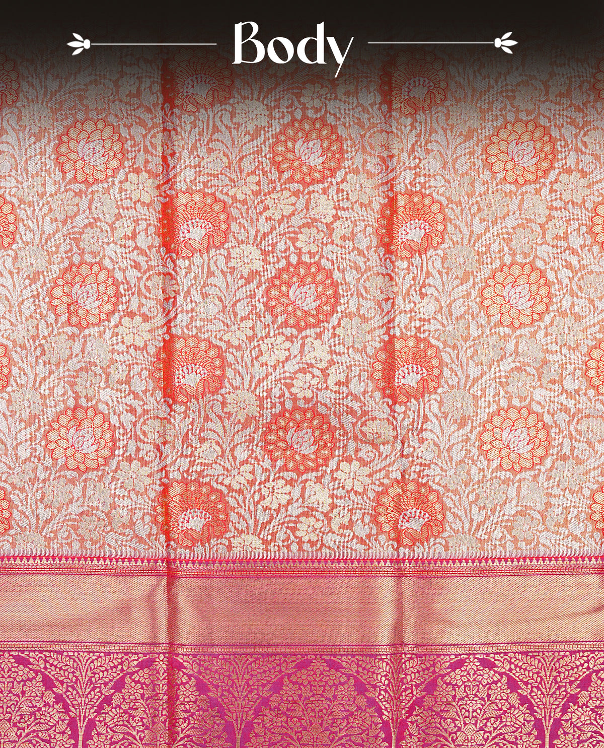 Orange & Gold Double shade Semi Tissue Silk saree featuring Light gold Kodi pattern on body, complemented by Contrast Purple with gold zari border, paired with matching blouse piece.