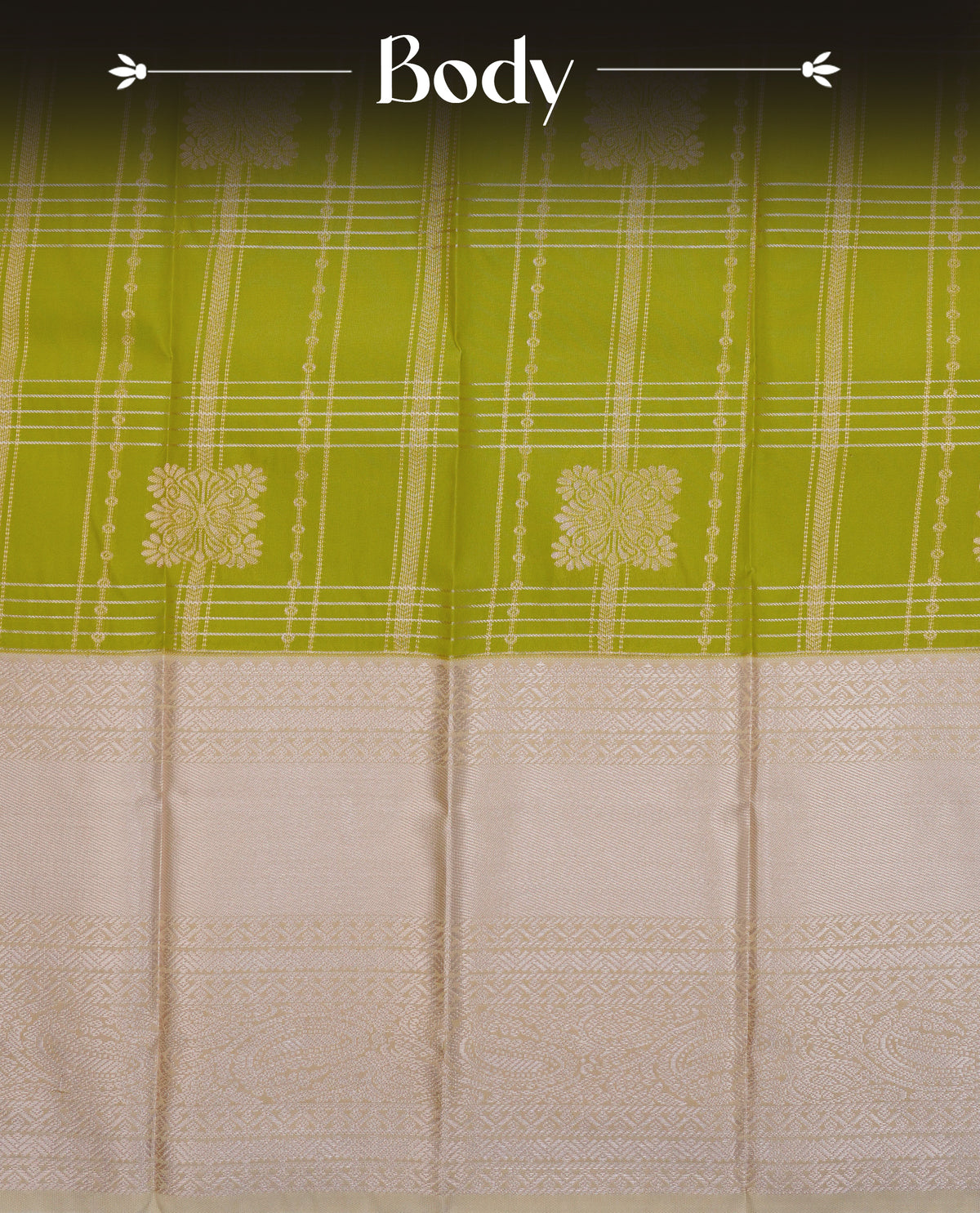 Light green colour soft silk saree featuring gold zari checks with floral mottifs on body, contrast cream colour gold zari traditional border, grand pallu comes with matching blouse piece.