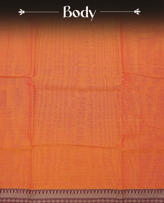 Orange colour colour Narayanapattu cotton saree with a plain body, complemented by a wine Colour with Beige colour border & contrast pallu, paired with a matching blouse piece.