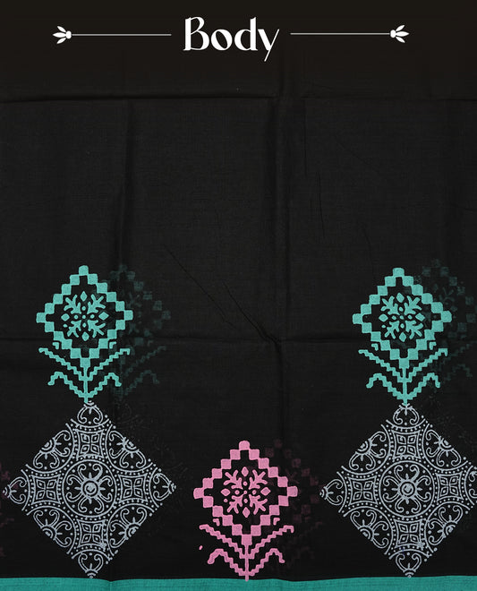 Black Chettinad Cotton Saree featuring a printed body, complemented by a contrast teal printed border and paired with a matching blouse piece.