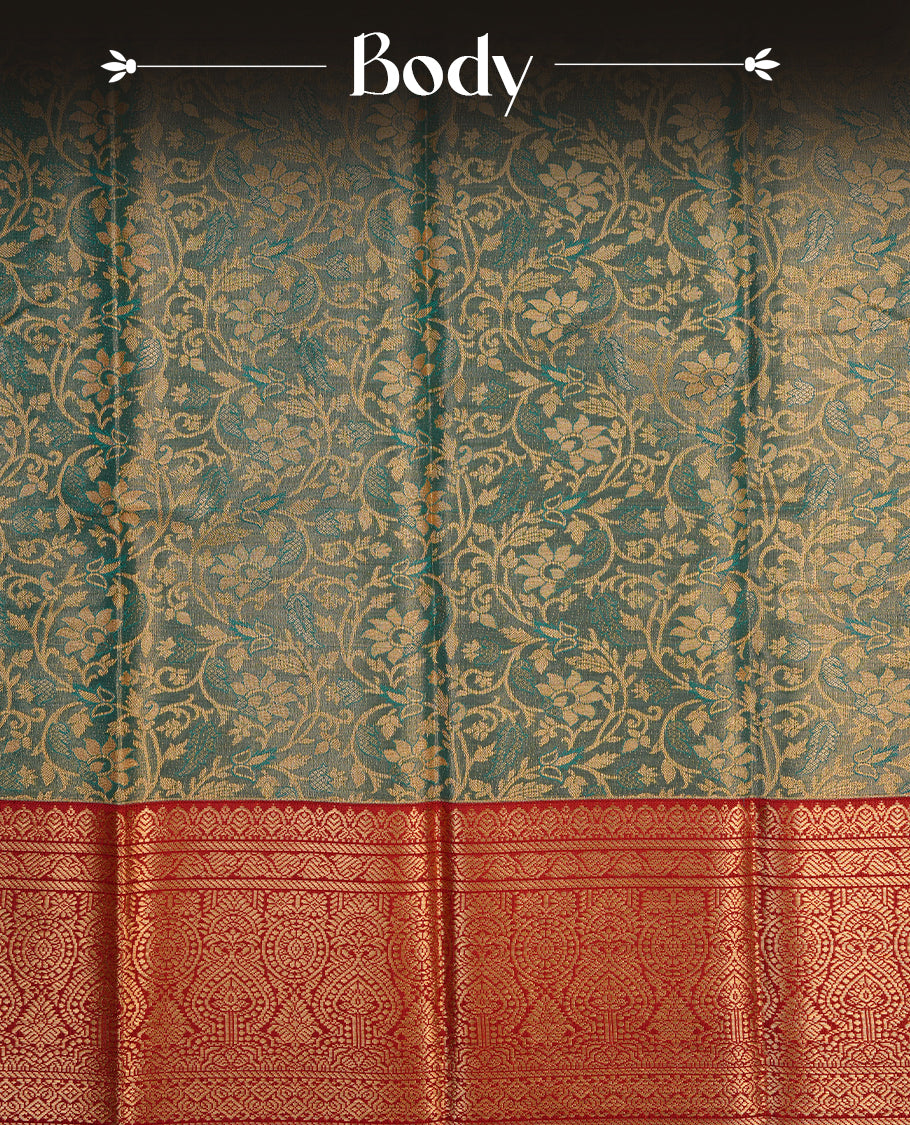 Green & gold double shade colour semi tissue silk saree featuring gold zari floral kodi pattern on body, contrast Maroon colour with gold zari traditional border, paired with matching blouse piece.