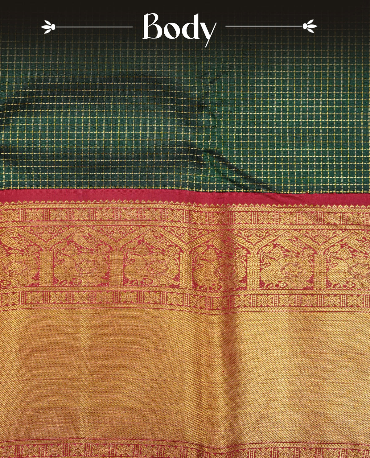 Bottle green colour Traditional Kancheepuram silk saree featuring Gold zari dotted checks on body, complemented by contrast maroon colour with traditional border, comes with matching blouse piece.