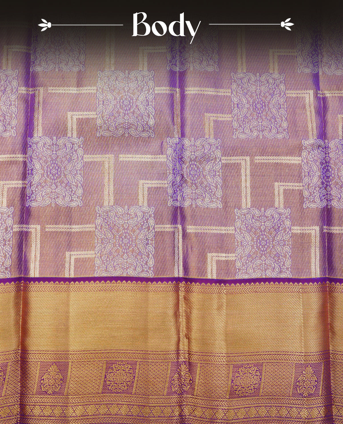 Purple and Gold Double Shade pure tissue silk saree featuring zari Geometric pattern on body, complemented by Dark Purple colour traditional border, comes with matching blouse piece.