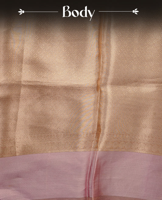 Pink & gold double shade pure banaras tissue silk saree featuring elegant plain body, complemented by contrast pastel pink colour gold zari border, paired with matching blouse piece.