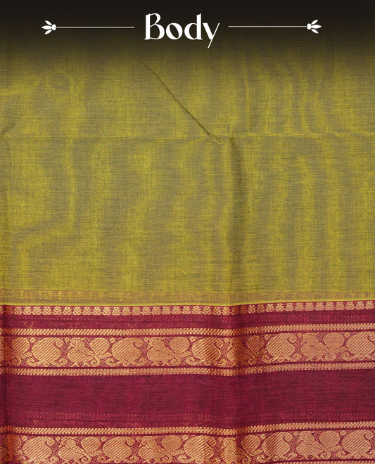 Olive green colour chettinad cotton saree featuring elegant plain body, Contrast magenta colour with Gold zari border, comes with matching blouse piece.