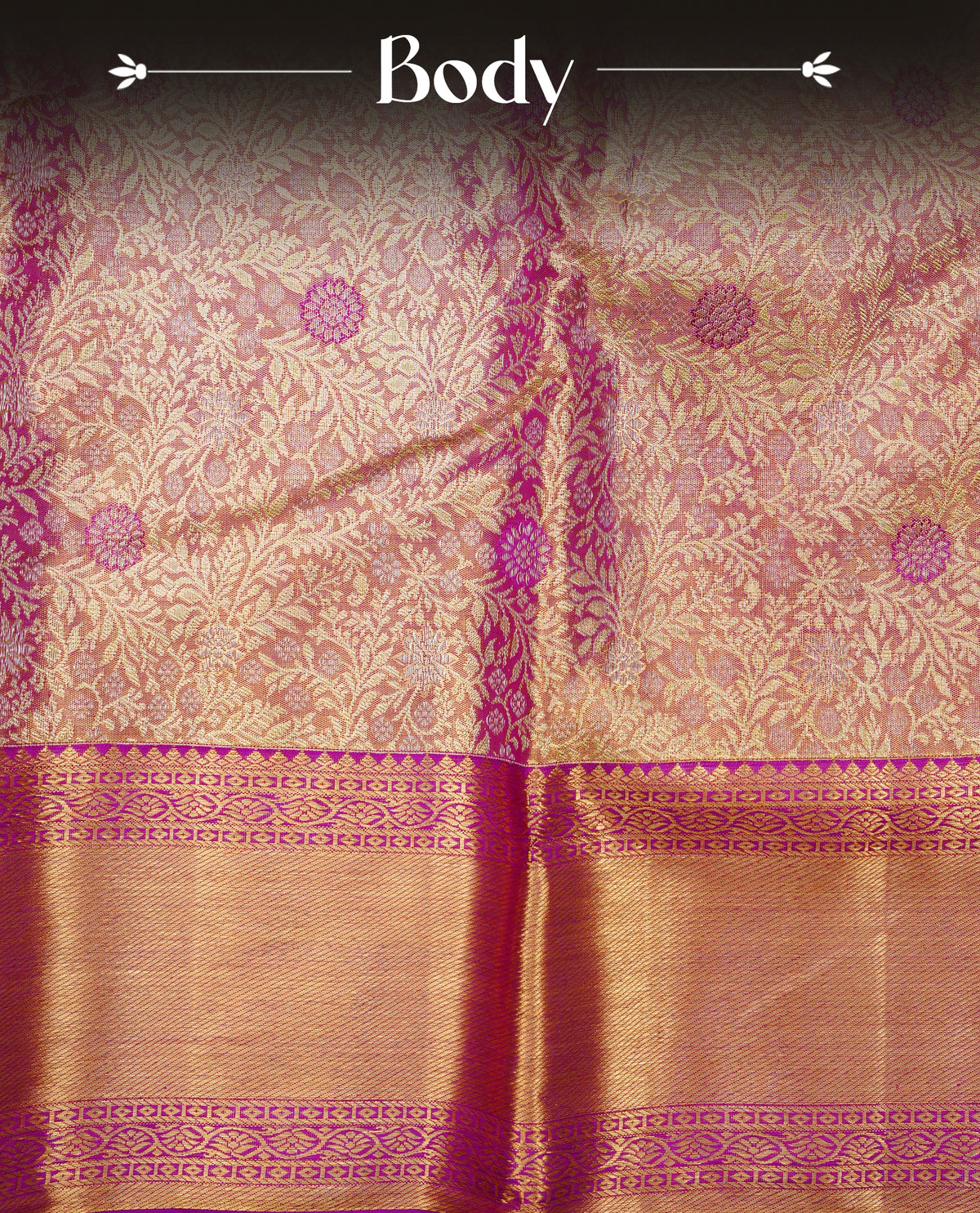 Purple and Gold double shade colour pure tissue silk saree featuring Gold zari floral kodi pattern on body, complemene\ted by contrast Purple colour traditional border, comes with matching blouse piece.