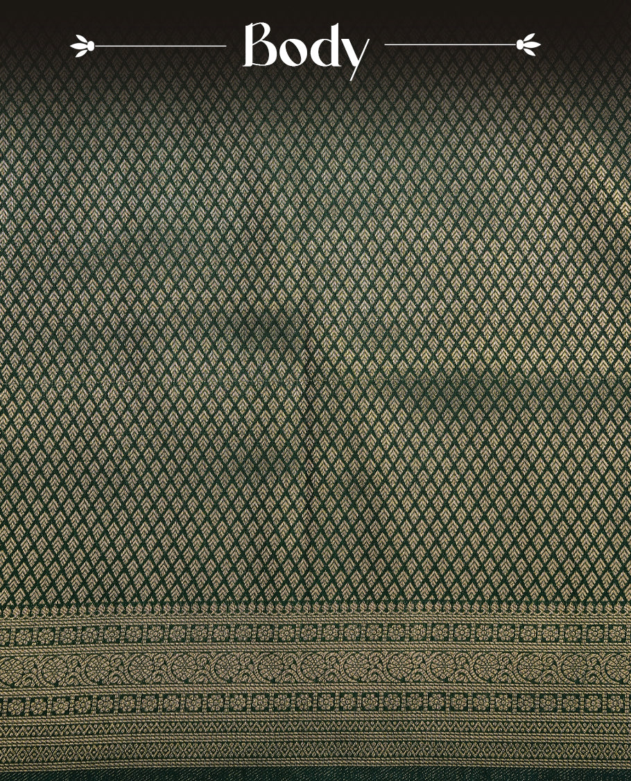 Emerald green colour soft silk saree featuring gold zari pattern on body, complemented by self colour with traditional border, paired with matching blouse piece.