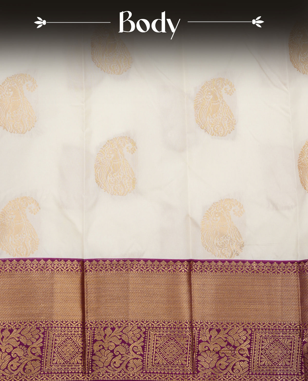 Off white colour silk saree featuring gold zari mango motifs on body, contrast purple with gold zari traditional border, contrast grand pallu comes with matching blouse piece .