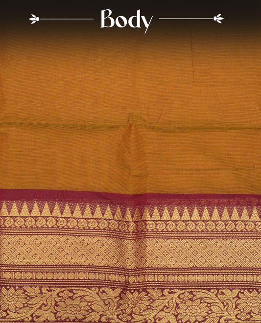 Brick colour chettinad cotton saree featuring elegant plain body, Contrast maroon colour with Gold zari border, comes with matching blouse piece.