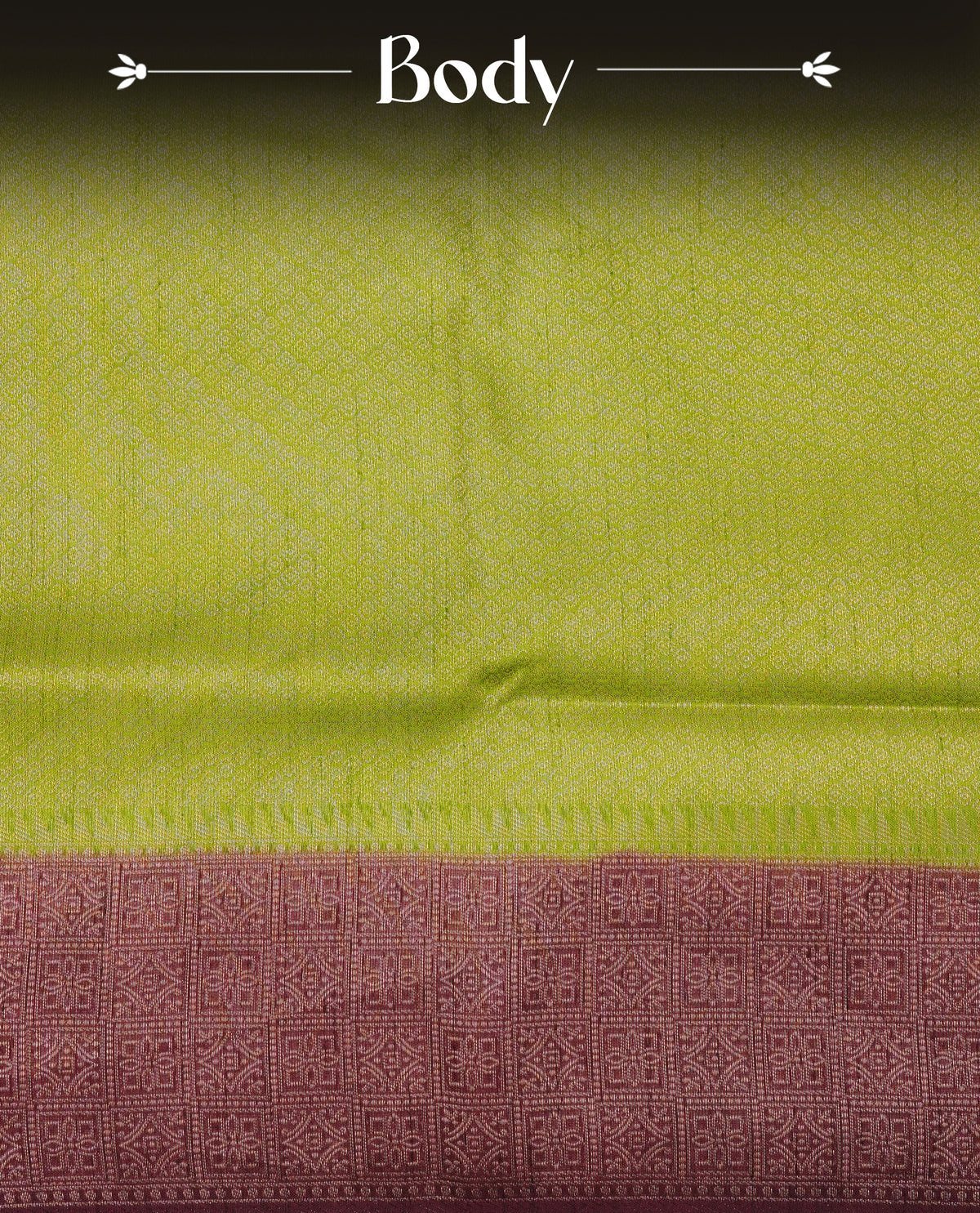 Olive green colour softie silk saree featuring gold zari, rich pallu floral pattern brocade body, with contrasting chocolate colour border.paired with matching blouse piece.