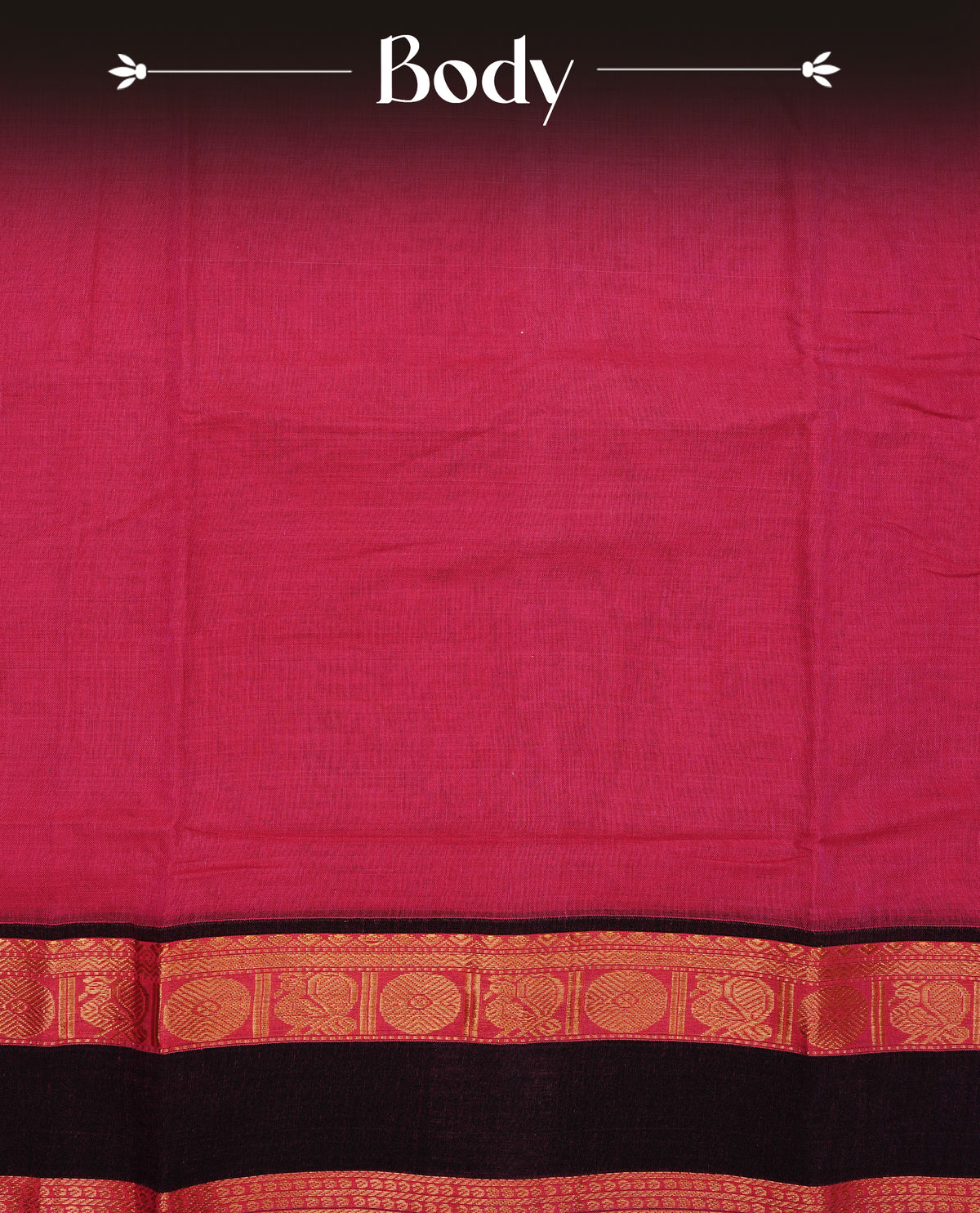 Magenta colour Narayanapattu cotton saree with a plain body, complemented by a red colour border featuring Dark brown colour with gold zari border & a contrast pallu, paired with a matching blouse piece.