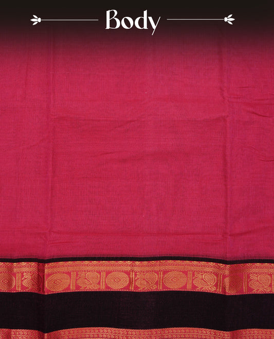 Magenta colour Narayanapattu cotton saree with a plain body, complemented by a red colour border featuring Dark brown colour with gold zari border & a contrast pallu, paired with a matching blouse piece.
