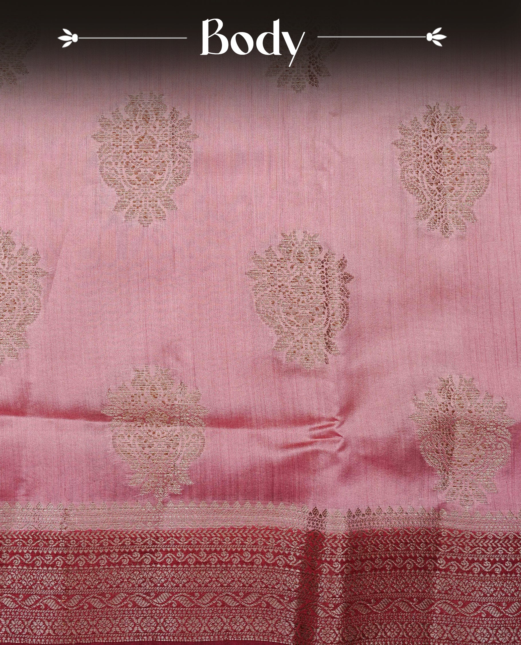 Blush pink  Colour Tussar Silk saree with elegant antique zari floral motifs On Body, a contrasting Maroon zari border, a rich zari pallu, Paired With a matching  blouse piece.