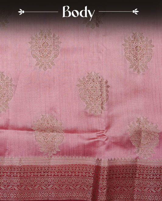 Blush pink  Colour Tussar Silk saree with elegant antique zari floral motifs On Body, a contrasting Maroon zari border, a rich zari pallu, Paired With a matching  blouse piece.