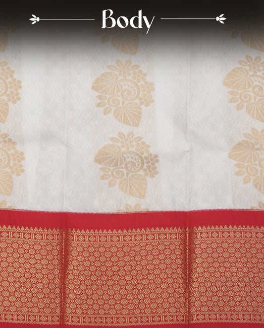 White colour silk saree featuring gold zari motifs on body, contrast red with gold zari traditional border, contrast grand pallu comes with matching blouse piece .