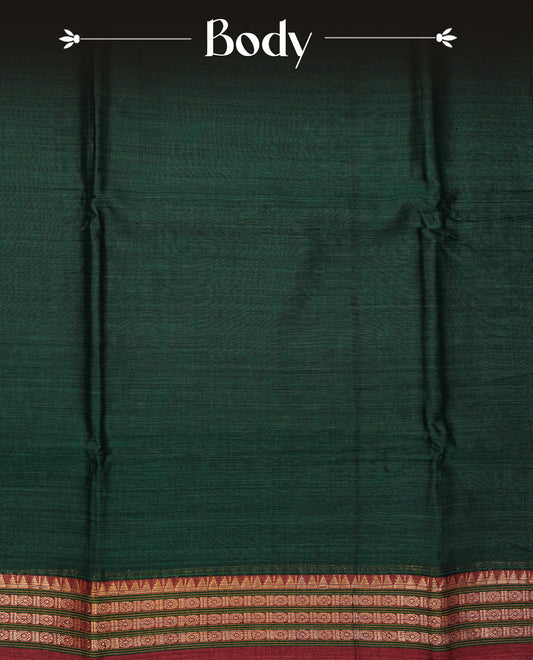 Bottle green colour Narayanapattu cotton saree with a plain body, complemented by a Dark red colour with Gold Zari border & contrast pallu, paired with a matching blouse piece