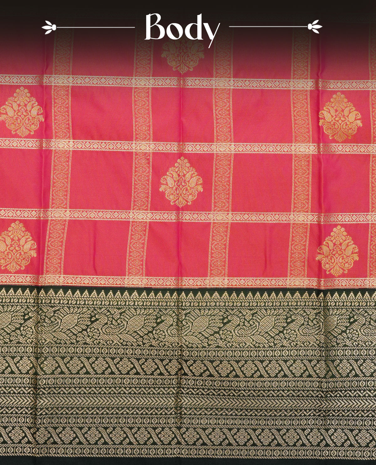 Orange & pink double shade soft silk saree featuring gold zari checks with motifs on body, contrast dark green colour  gold zari traditional border, grand pallu comes with matching blouse piece.