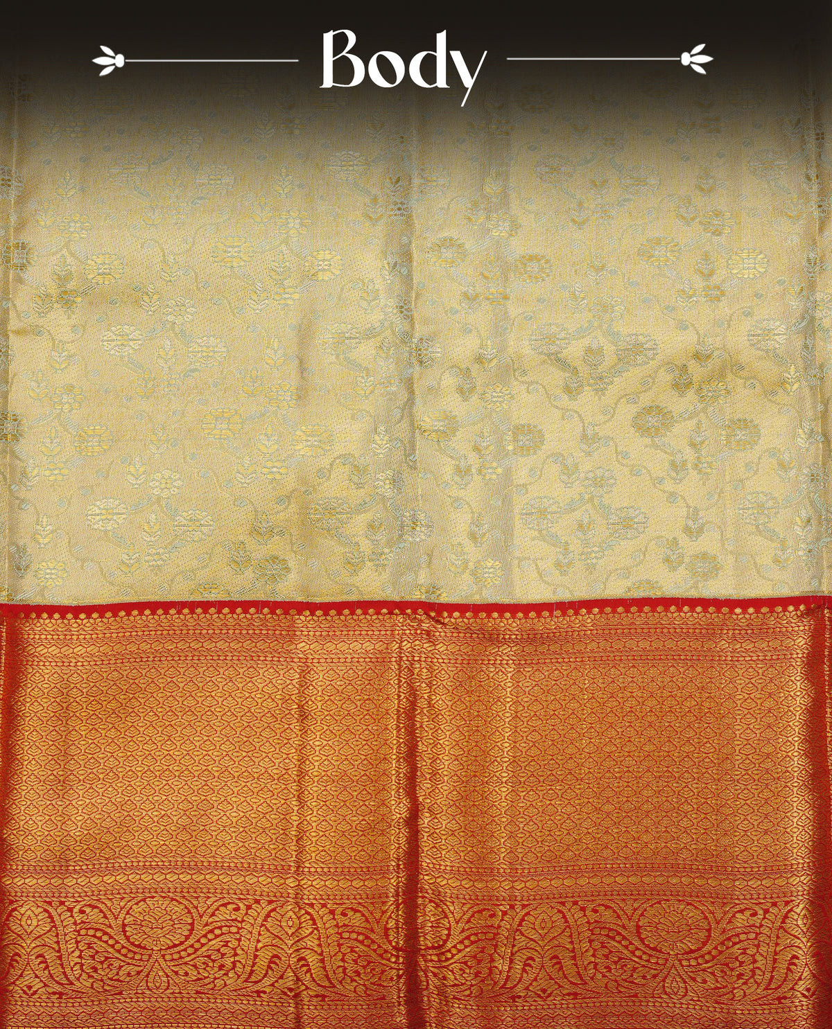 Light gold colour pure tissue silk saree featuring silver zari floral kodi pattern on body, complemented by contrast red colour with traditional border, comes with matching blouse piece.