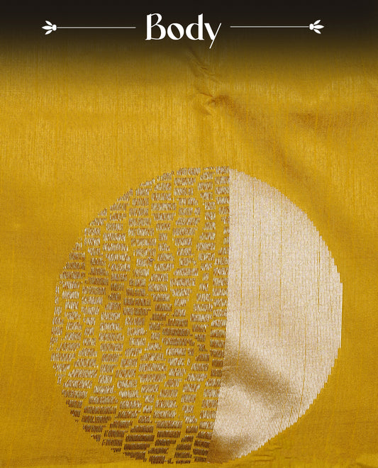 Mustard yellow colour semi tussar silk saree featuring bold thread polka dot body, no specific border, comes with matching blouse piece