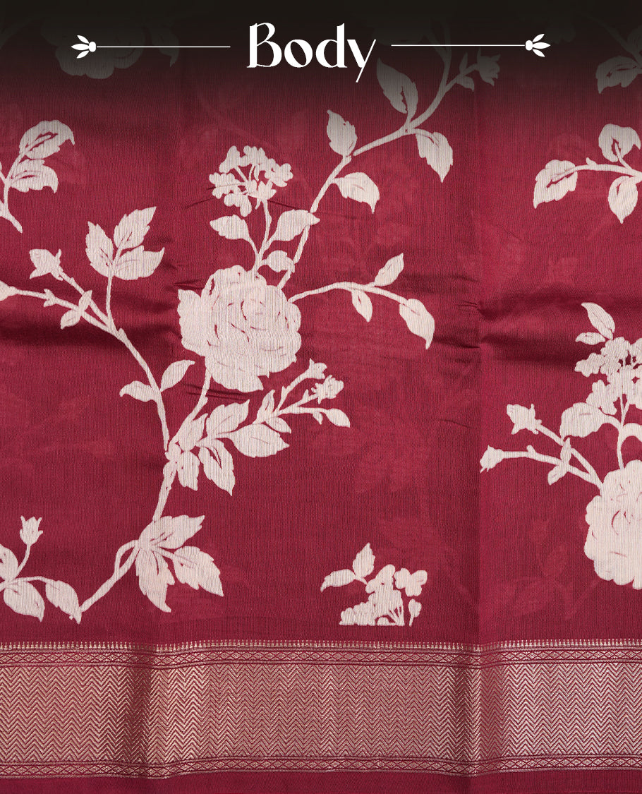 Brick Red colour Viscos semi printed saree featuring a light golden zari border, abstract off white printed motifs on the body, and comes with a matching blouse