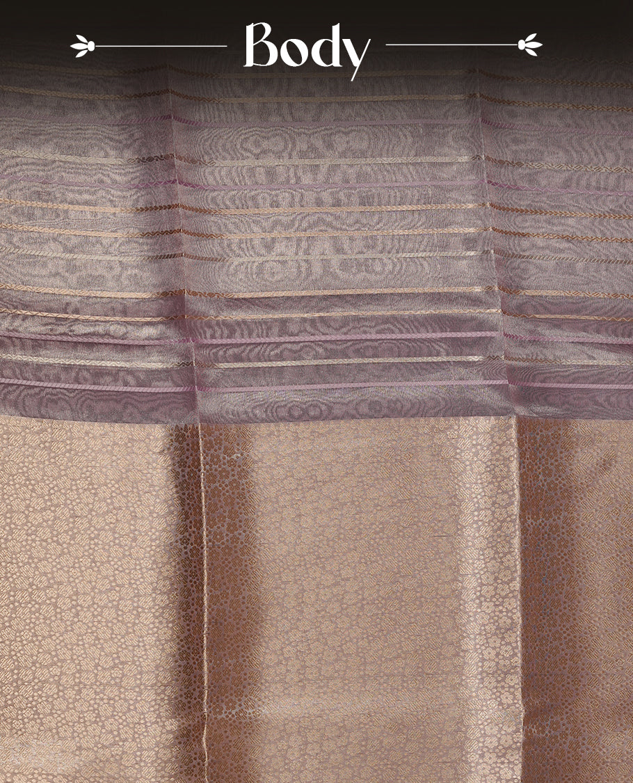 Lavender & gold double shade pure banaras tissue silk saree featuring gold zari floral & stripes on body, complemented by gold zari border, paired with matching blouse piece.