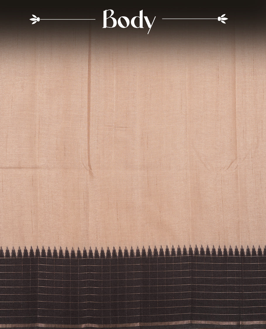 Beige colour semi tussar saree highlighting elegant plain body, contrast black colour border with gold zari box pattern, pallu and comes with matching blouse piece.