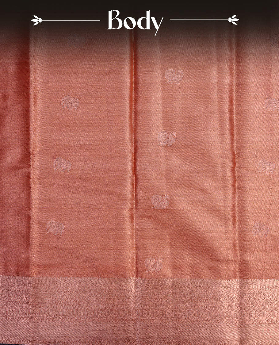 Copper colour semi tissue silk saree featuring copper zari pattern on body, contrast Purple colour with gold zari traditional border, paired with matching blouse piece.