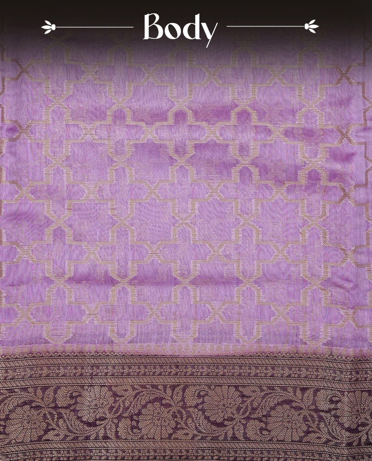 Light purple colour banaras silk saree featuring Gold zari geometric pattern on body, complemented by contrast Purple colour border with gold zari, comes with matching blouse piece.
