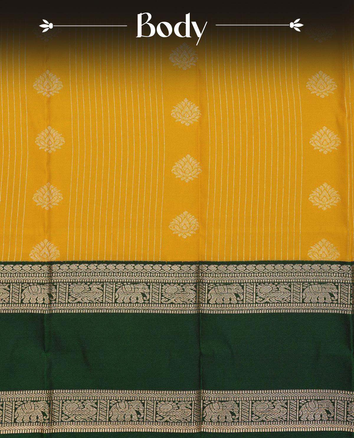 Mustard yellow colour soft silk saree featuring floral gold zari stripes with motifs on body, contrast dark green colour detailed elephant & peacock motifs on border, grand pallu comes with matching blouse piece.