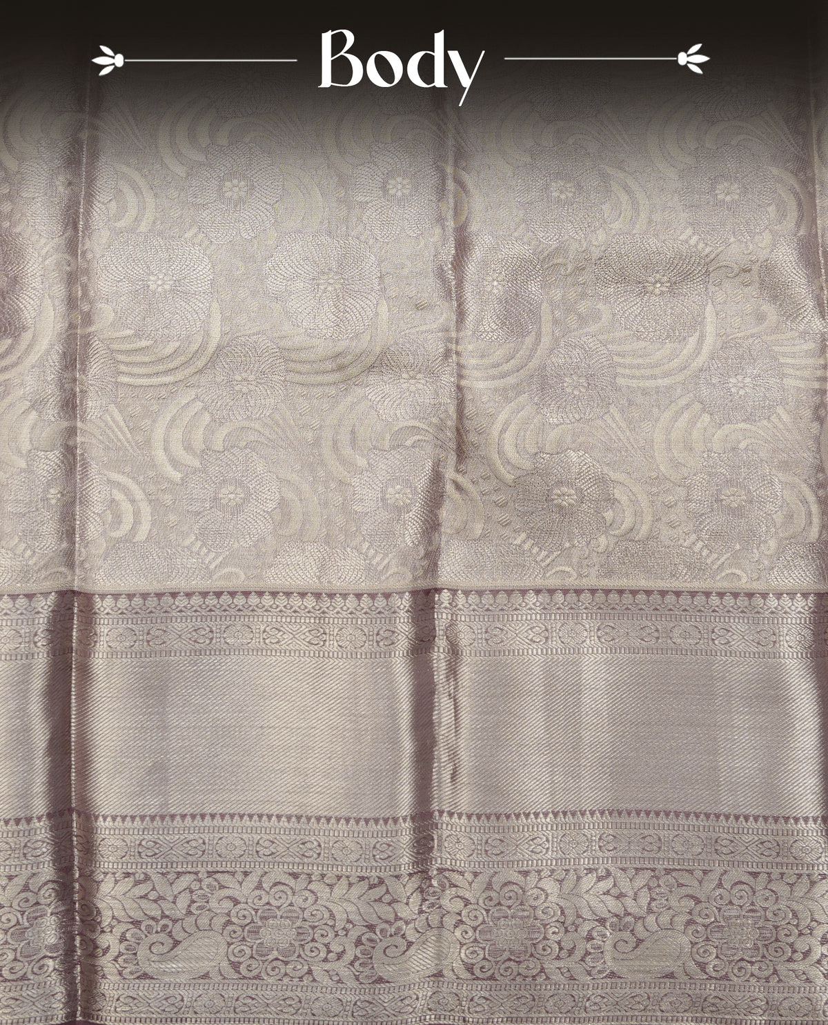 Muted brown & silver double shade colour pure tissue silk saree featuring silver zari floral kodi pattern on body, Complemented by contrast light brown colour with traditional border, comes with matching blouse piece.