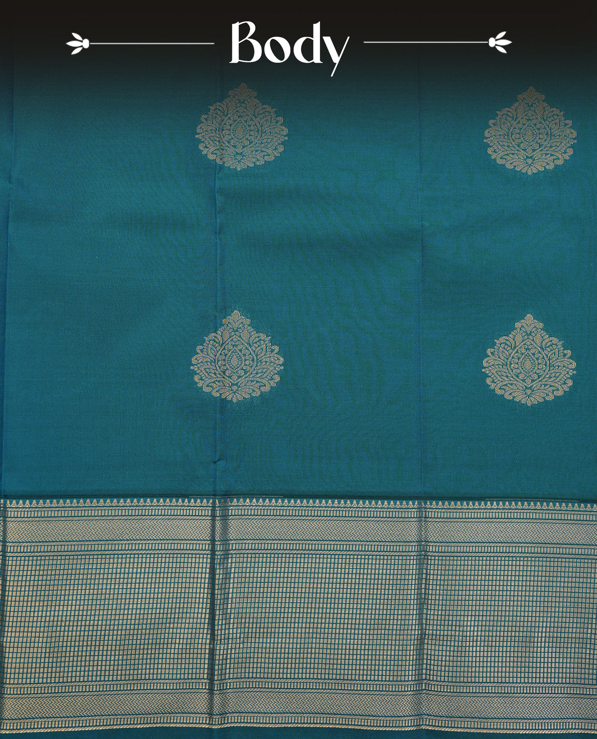 Peacock blue colour soft silk saree featuring gold zari floral motifs on body, contrast by self colour gold zari traditional border, grand pallu comes with matching blouse piece.